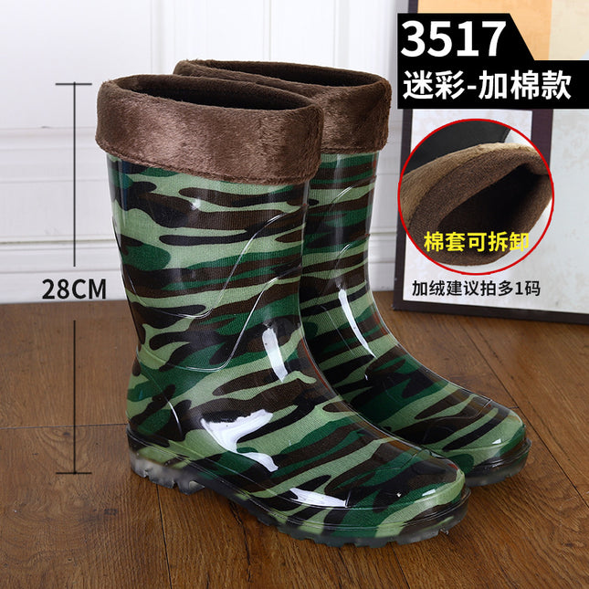 Military Rain Boots Camouflage Mid-Tube Non-Slip Waterproof Shoes Outdoor Fishing Rubber Shoes Overshoes Labor Warm Rain Boots Water Boots