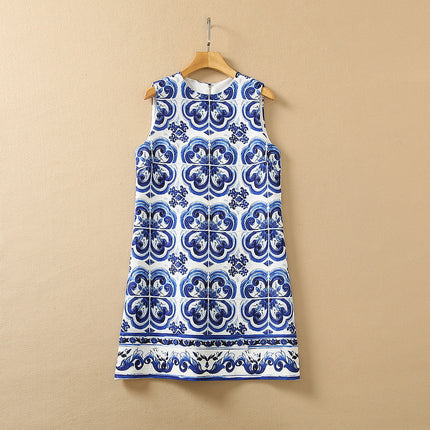 XXL Blue and White Porcelain Refreshing Short Skirt chubby girl Loose Slimming Vest dress Southeast Asian Fashion Women's Clothing