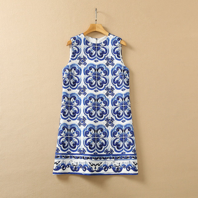 XXL Blue and White Porcelain Refreshing Short Skirt chubby girl Loose Slimming Vest dress Southeast Asian Fashion Women's Clothing