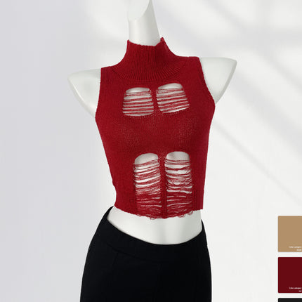 Hot Sweetheart Knitted Tight Vest Women's High Collar Open Waist Hole Hollow Sexy American Style Hot Girl Small Top Ins