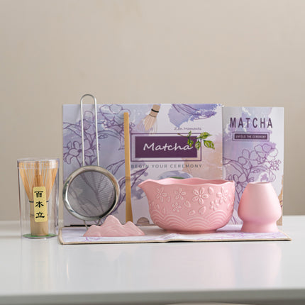 Directly Supplied from the Manufacturer, Exclusively for Cross-Border Trade, Ceramic Matcha Bowl Set with Embossed Cherry Blossom Design, 7-Piece Set with Spout, High Aesthetic Value, Color Box Packaging