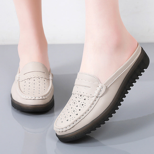 Muller Shoes 2024 Non-Slip Half-Slip Mom Shoes with Soft Soles, Perforated Women's Loafers, Low Heel, Hollow Design, Flat Comfortable Shoes