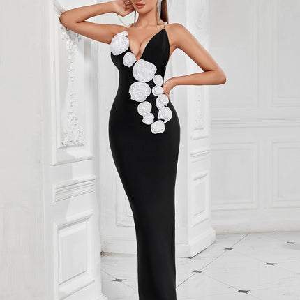 Pearl Suspender Color-Blocked Stereo Flower Decoration Sexy Dress Elegant Backless Evening Dress with Slit Design