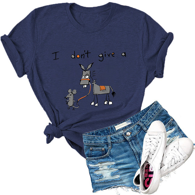 I don't give a European and American fun cartoon mouse donkey printed short sleeve round neck T-shirt ladies foreign trade jacket