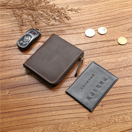 Retro Men's Crazy Horse First Layer Cowhide Short Zipper Wallet Genuine Leather Ultra-Thin Horizontal Wallet Student Casual Wallet