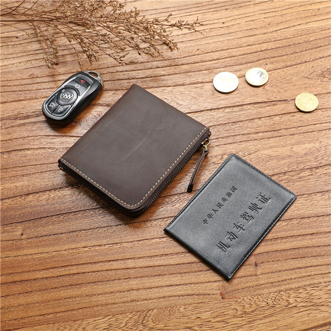 Retro Men's Crazy Horse First Layer Cowhide Short Zipper Wallet Genuine Leather Ultra-Thin Horizontal Wallet Student Casual Wallet