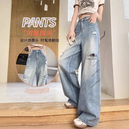 American Retro Ripped Jeans for Women, Summer Style, Loose Wide-Leg Pants, High-Waisted Floor-Length Pants, Washed Design Pants