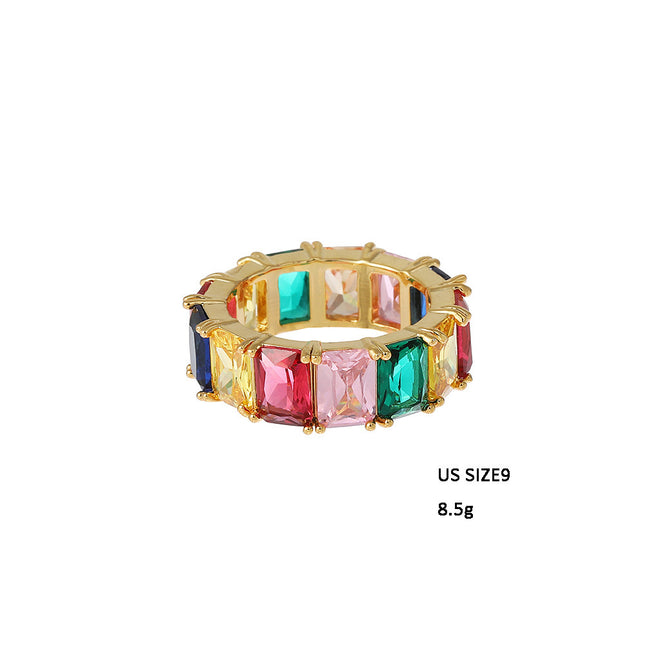 Gu Meng Cross-border Copper Zircon Ring European and American Hip-hop Color Mixed Color Rectangular Zircon Ring for Men and Women