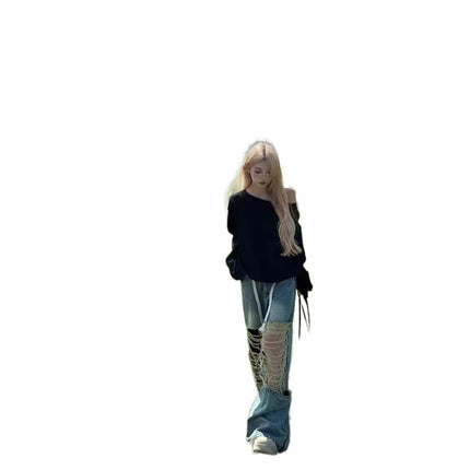 American-style Ripped Mop Jeans Loose Design Retro Hot Girl Blue Lazy Straight Pants for Women