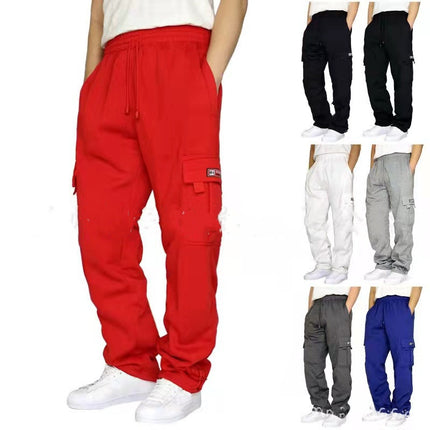 2022 Cross-Border Sports Casual Pants with Fleece Lining, Jogger Style, Multiple Pockets, Drawstring, Men's Loose Fit Workwear, Men's Sports Trend