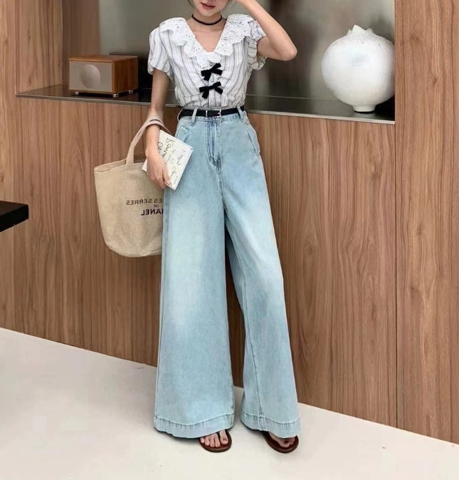 Spot ~ summer new high waist light color wide leg jeans women