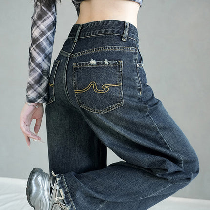 American Retro Frayed Design Wide-Leg Jeans for Women in Autumn and Winter New Style High-Waisted Loose Flesh-Covering Straight Legs