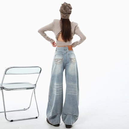 Light Blue Women's Jeans Autumn New American Design Loose Slimming Drapey Lazy Floor-Length Wide-Leg Pants