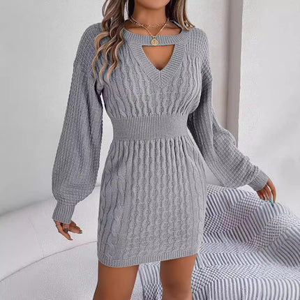 Real Shot of 2025 Autumn and Winter Pure Color Twist Cut Out Lantern Sleeves Hip-Covering Sweater Skirt Independent Station Cross-Border European and American Clothing