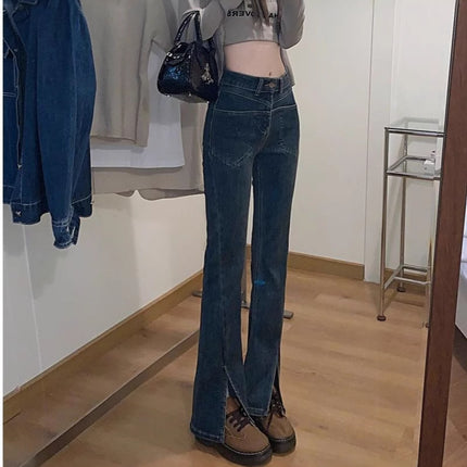 Small Split Micro Jeans Women's 2025 Spring Slim-fit American-style All-match Slim-fit Horn Mop Pants