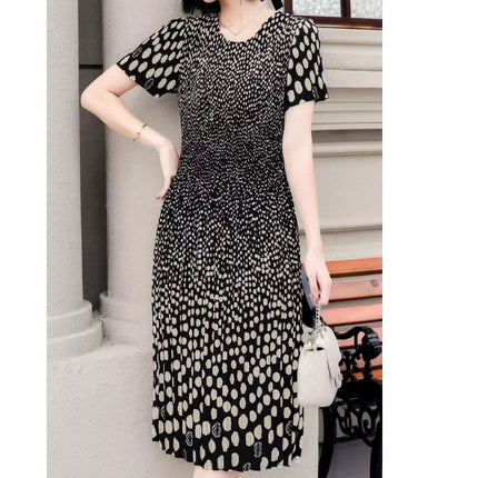 Miyake pleated 2025 summer new temperament round neck printed pleated skirt fashion waist thin magic dress