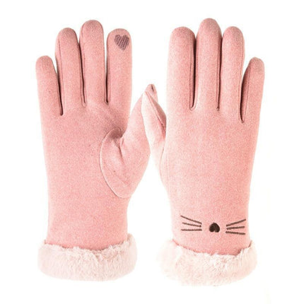 2025 Wholesale Cute Fur Touch Screen Warm Gloves Suede Women's Winter Plus Velvet Thickened Cycling Finger Gloves