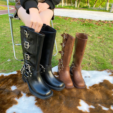 Belt Buckle Thick Heel Knight Boots Women's Autumn and Winter Retro Over-The-Knee Boots Western Cowboy Boots Brown Fashion Boots