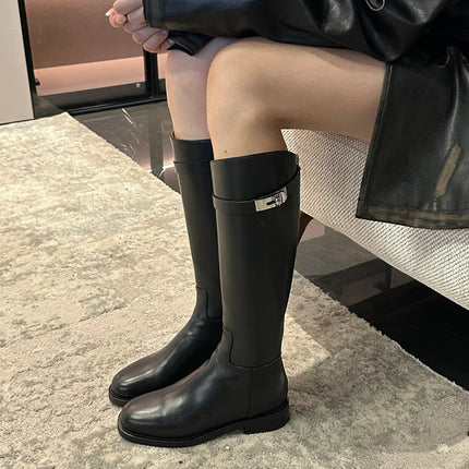 Grape Mom 2024 with Thick Bottom Lock Buckle Long Boots Women's Autumn and Winter Flat Knights Boots New But Knee High Boots