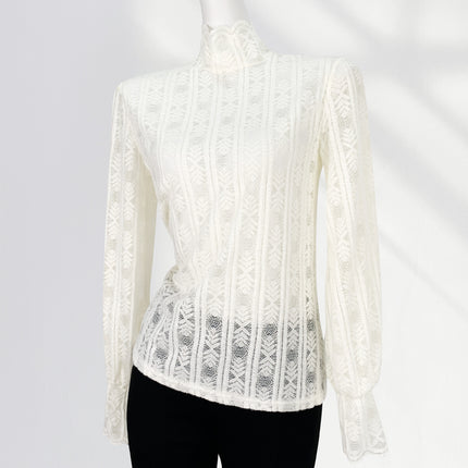 Women's full-body fleece-lined high collar brushed lace bottoming shirt autumn and winter long sleeve lace mesh top