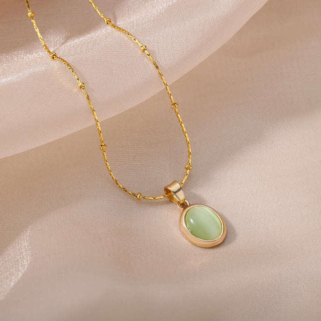 Simple Niche Entry Luxury Oval Titanium Steel Necklace Cat's Eye Pendant Clavicle Chain Elegant Design High-grade Jewelry