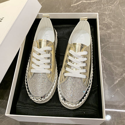Internet Celebrity Rhinestone Fashion Large Size Single-layer Shoes Women's 2024 New Korean Style Lace-up Niche Design Casual Comfortable Sneakers