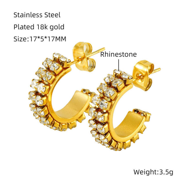 Cross-border new stainless steel C- shaped diamond earrings women's European and American Joker titanium steel 18K texture earrings in stock wholesale