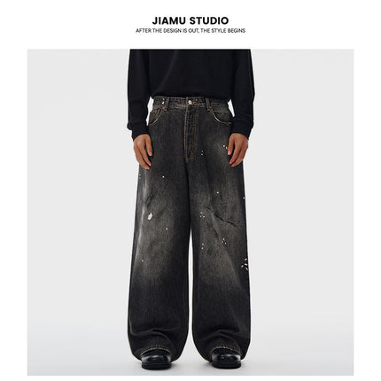 Jiamu Splash-Ink Dirty-Dyed American Baggy Jeans Jeans for Men and Women Straight-Leg Loose Wide-Leg Neutral Draped