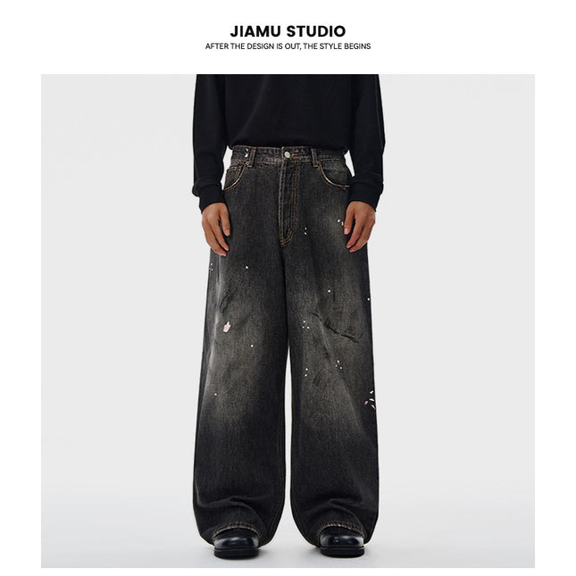Jiamu Splash-Ink Dirty-Dyed American Baggy Jeans Jeans for Men and Women Straight-Leg Loose Wide-Leg Neutral Draped