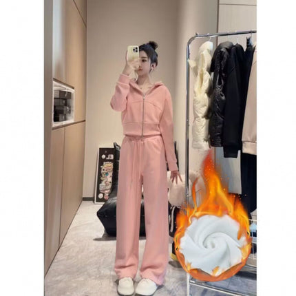 2024 autumn and winter fleece-lined sports leisure suit zipper hooded vests wide leg casual pants Joker slim casual
