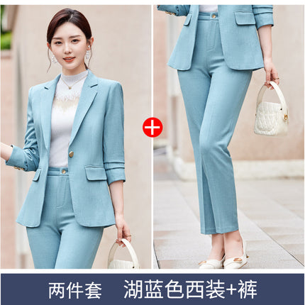 Professional Leisure Suit suit Women's 2024 Spring New Fashion Elegant Commuter Slim-fit Blue Suit Two-piece Set