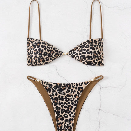 2025 European and American New Leopard Print Swimsuit Women's Three-point Lace-up Neck Sexy Tight Bikini Split Swimsuit