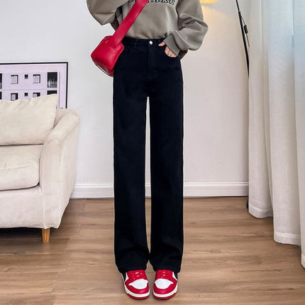 Narrow Wide-Leg Jeans for Women 2025 Autumn and Winter New Wide Elastic High-Waist Petite Draped Fleece-Lined Straight Floor-Length Pants