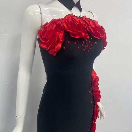 European and American Cross-Border New Fashion Halter Neck Flower Diamond Elegant Elegant Lady Bandage Women's Dress Evening Dress