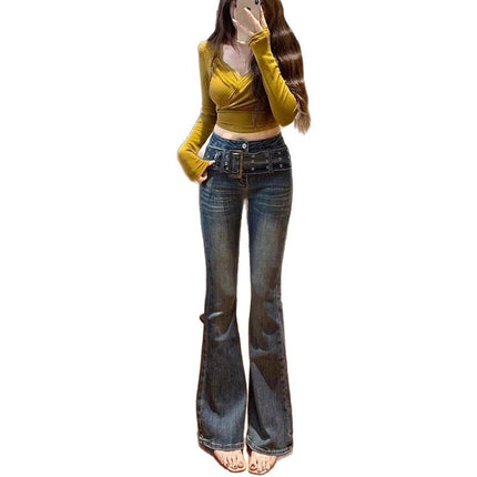 Vintage Blue Belted Flared Jeans for Women Trendy Versatile New High-Waisted Slimming Stretchy Butt-Lifting Wide-Leg Pants