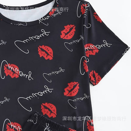Red Lip and Letter Print Pajamas suit Short-Sleeve Round Neck Top and Stretch Shorts Women's Pajamas and Home Wear