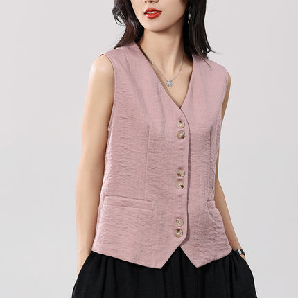 Linen V Neck Vest Cardigan for Women 2025 Summer New Pure Color Sleeveless with Pockets Layered Loose Waistcoat Top