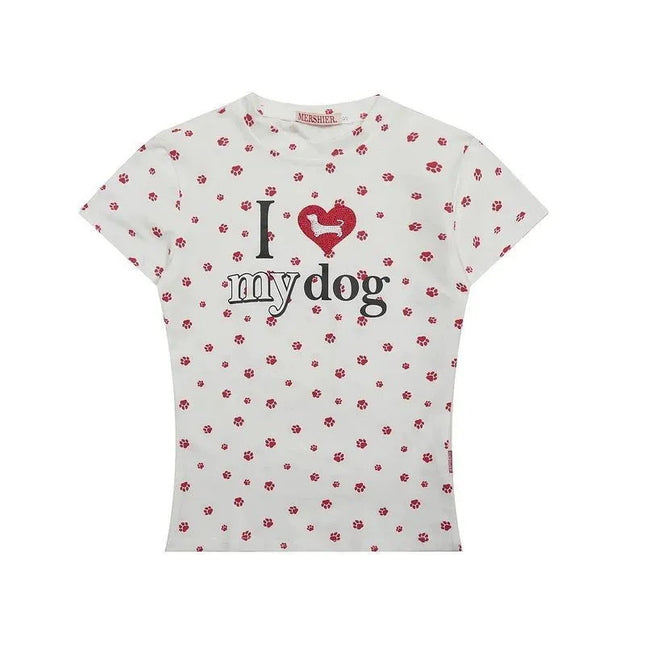 American Retro Shirt Women's Summer Hot Girl Short Hot Girl Dog Paw Short-Sleeved Women's Summer Top