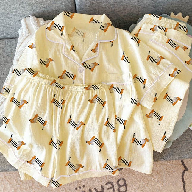 Source Factory Ins Style Dachshund Dog Wrinkle Cloth Three-Piece Short-Sleeved Soft Pajamas Women's Home Clothes Set
