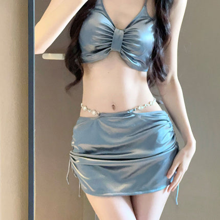 2025 New Swimsuit Women's Silver High-End Sexy Separates Three-Piece Set Hot Spring Vacation Fashion Bikini Hot Girl Outfit