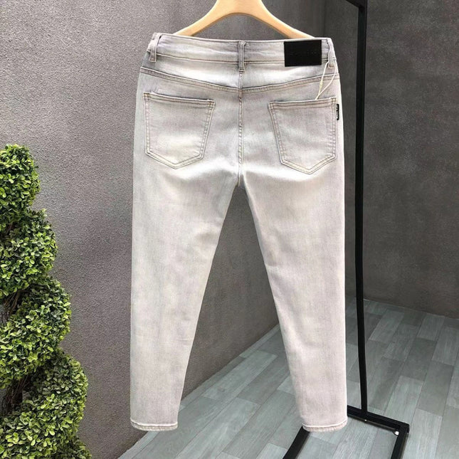 Light-Colored Cropped Ripped Jeans for Men, Summer Thin Style, Trendy Brand, Spray-Painted, Vintage Distressed, Scratched, Patched Skinny Pants