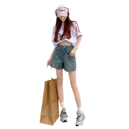 light blue Washed Retro A- shape Denim Shorts Women's Summer New High Waist Slimming Loose Wide Leg All-match Hot Pants