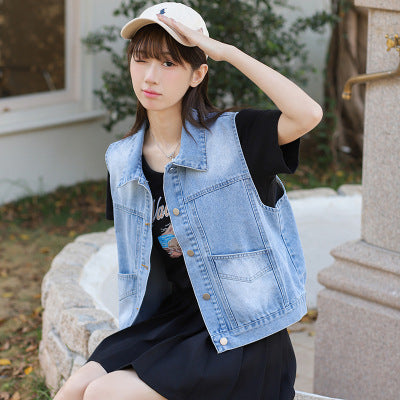 New Korean-style High-end Loose All-match Fashion Trendy Fan Blue Denim Vest for Women