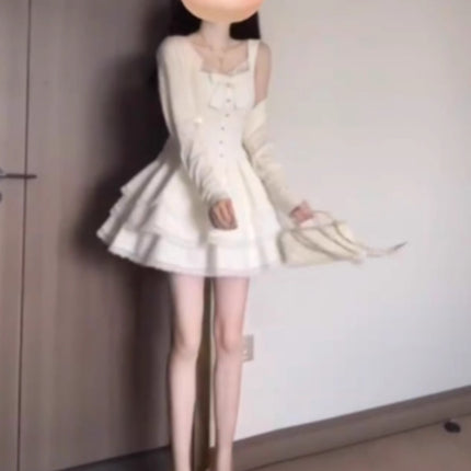French Sweet Unique Super Good-looking Cardigan Coat Puffy Cake dress Two-piece Set for Small Spring and Autumn Wear