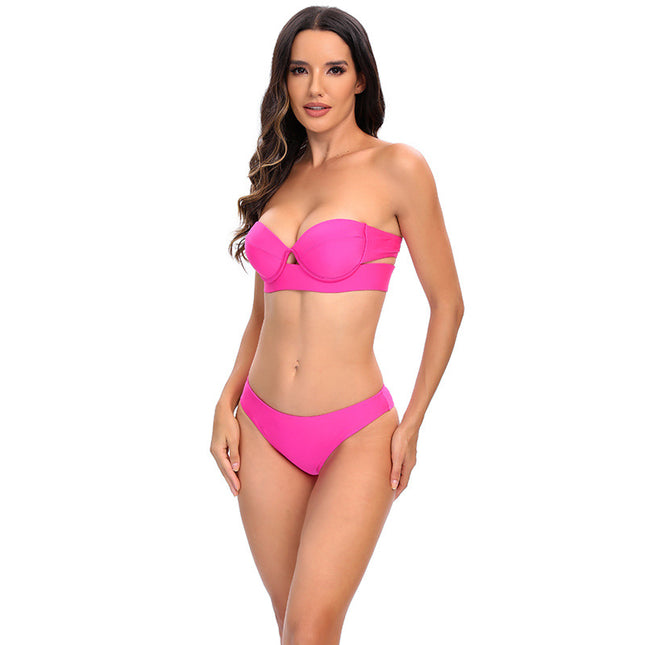 2024 European and American Cross-border Backless Bikini Solid Color Black Hard Shell Bag Split Swimsuit Women Swimsuit Bikini