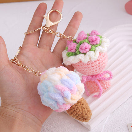 Imitation Ice Cream Bag Pendant Car Decoration Holiday Gift Gift Wool Knitted Holding Flower Keychain