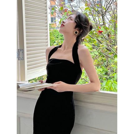 Sexy Pure Desire Style Sling Skirt Feeling Temperament Goddess Fan Hanging Neck dress Women's Summer 2024 New