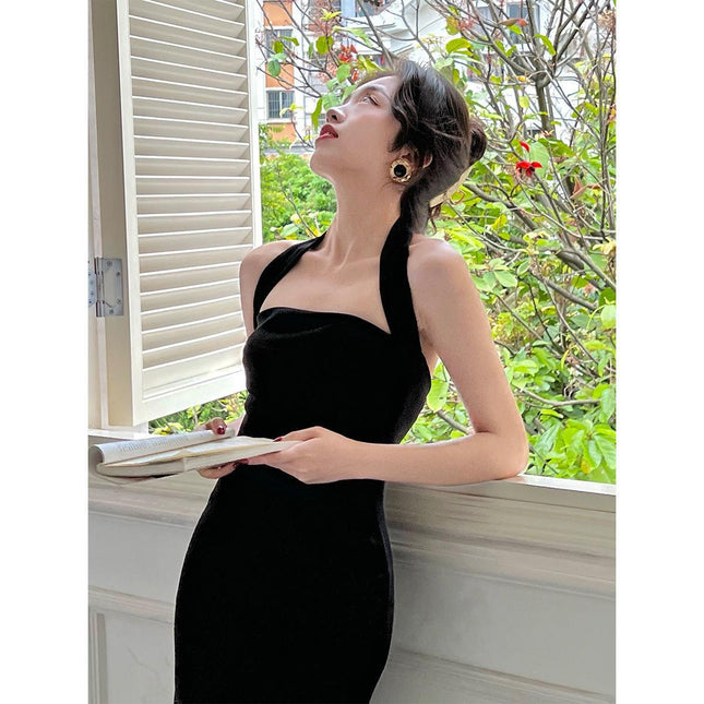 Sexy Pure Desire Style Sling Skirt Feeling Temperament Goddess Fan Hanging Neck dress Women's Summer 2024 New