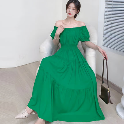Cross-border cotton silk clear color off-shoulder dress Southeast Asian elastic waist beach skirt Bohemian long skirt