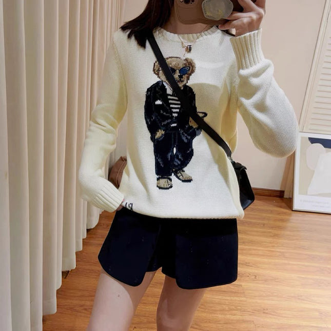 Pony~New Autumn and Winter Women's Round Neck Embroidered Sunglasses Cartoon Suit Bear Cute Age-Reducing Versatile Knitwear